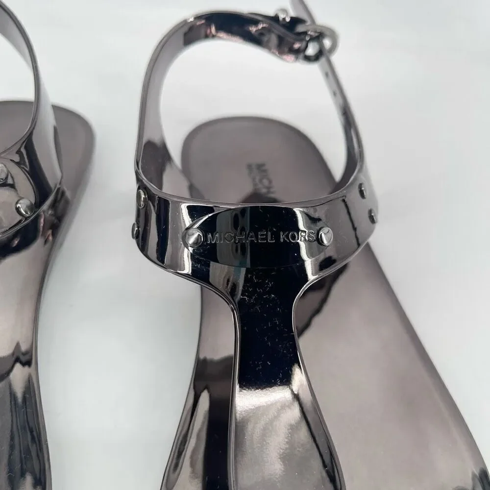 Michael Michael Kors Gunmetal Jelly Thong Sandals Size 6M Logo Plate Detail